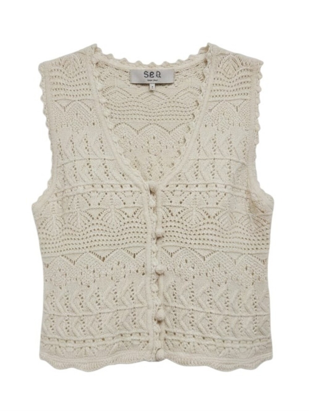 Sea New York Cream Openwork Crochet Button-Up Sweater Vest In Ivory Size Large